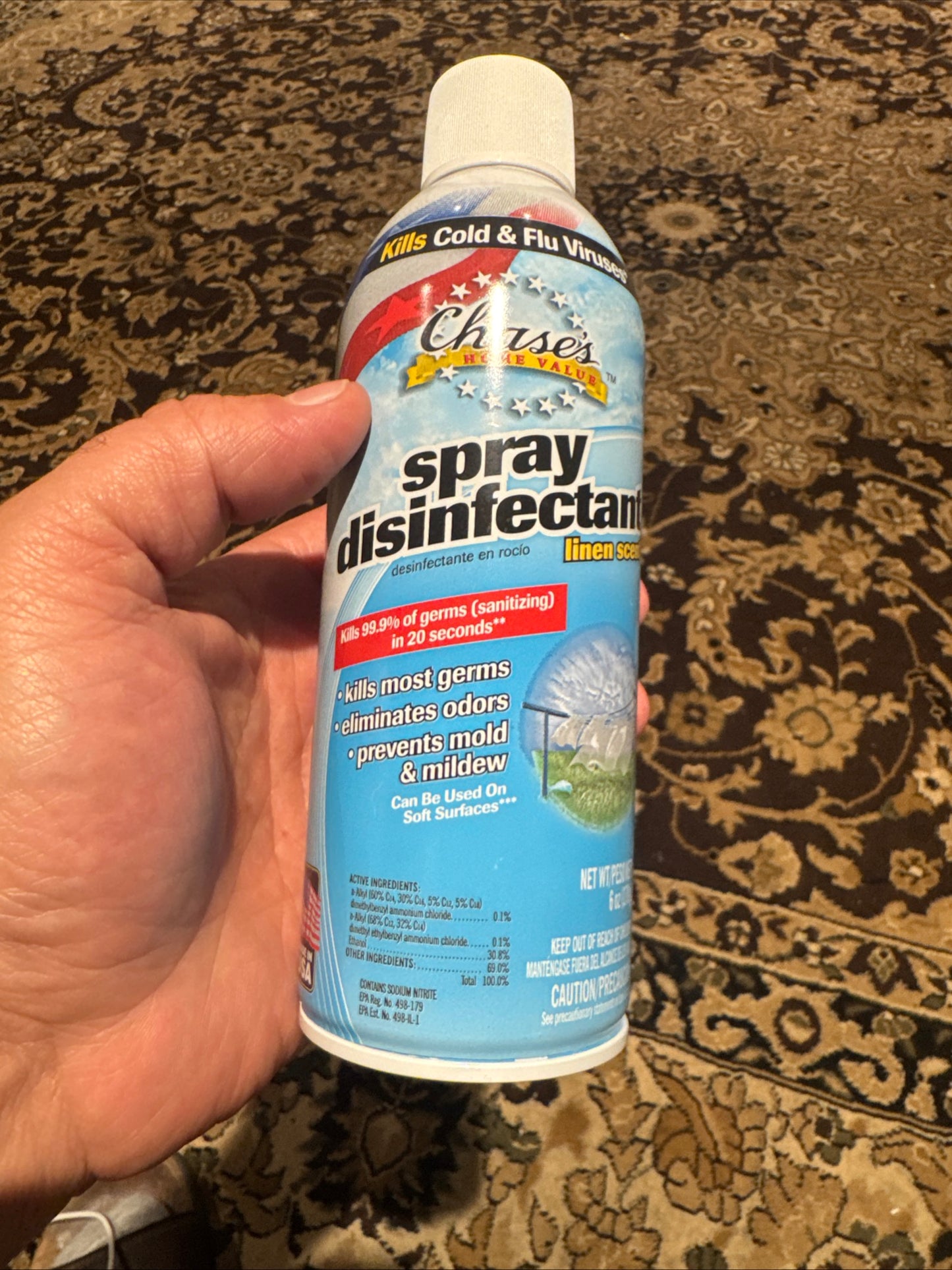 Chase's Spray Disinfectant 6oz Linen Scent Kills Virus stash can storage